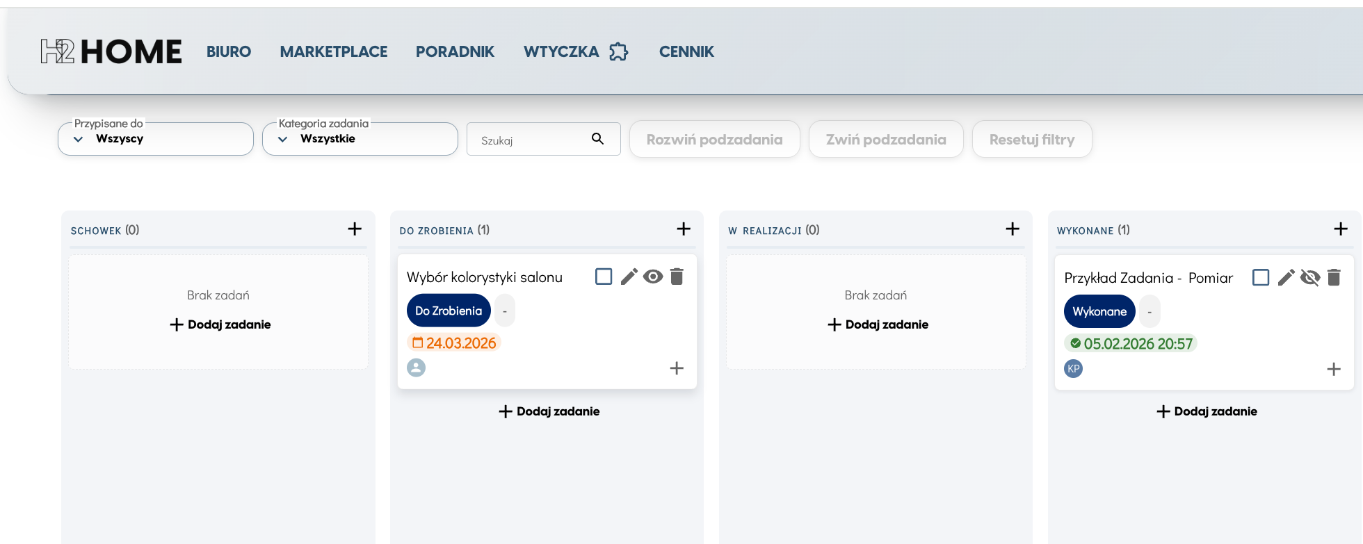Widok tablicy zadań projektu H2Home
