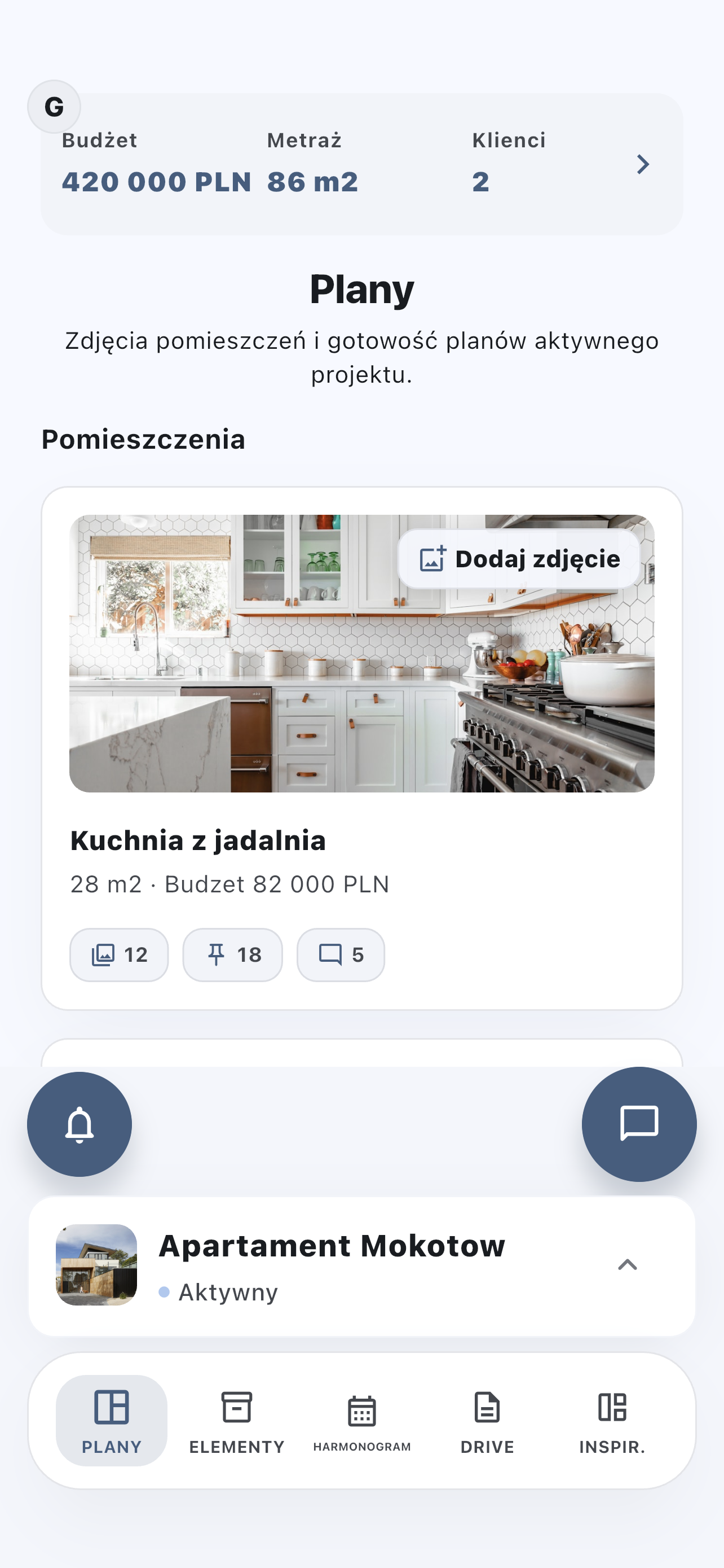 Aplikacja mobilna H2Home z planami projektu wnętrza na telefonie