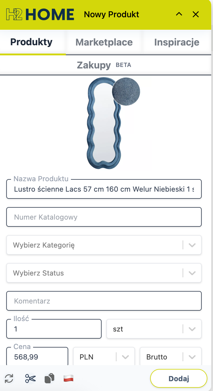 Wtyczka H2Home do zapisywania produktów ze sklepów w&nbsp;projekcie i&nbsp;liście zakupowej